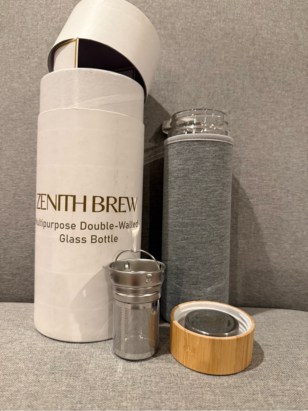Zenith Gray Glass Bottle with Bamboo Lid and Infuser